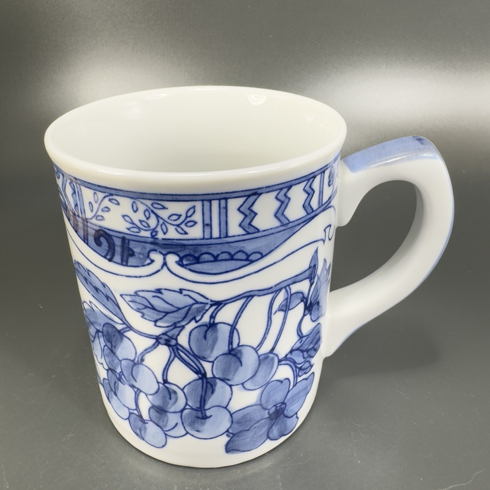 1995 Jardin Blue Cardinal Ceramic Coffee Mug Cup Set 2 Blue White Fruit Cherry