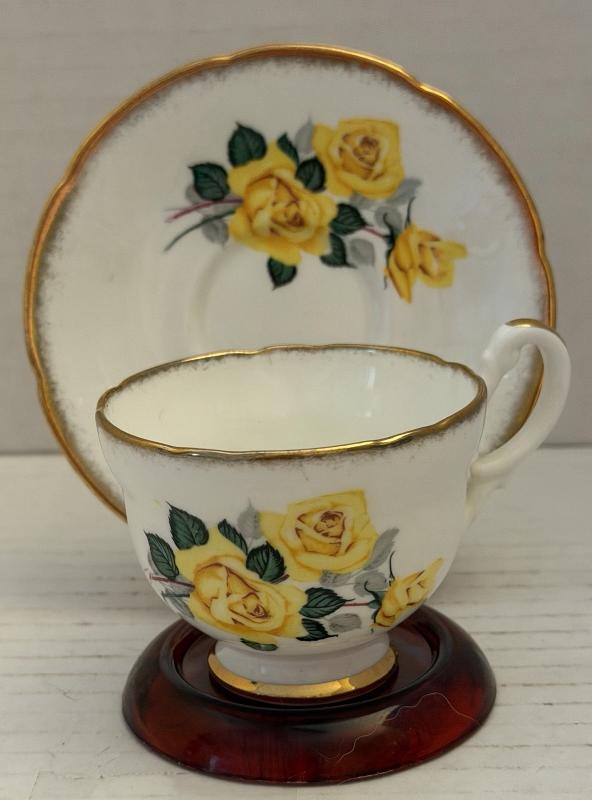 Vintage Royal Castle Bone China Tea Cup and Saucer with Yellow Floral Design
