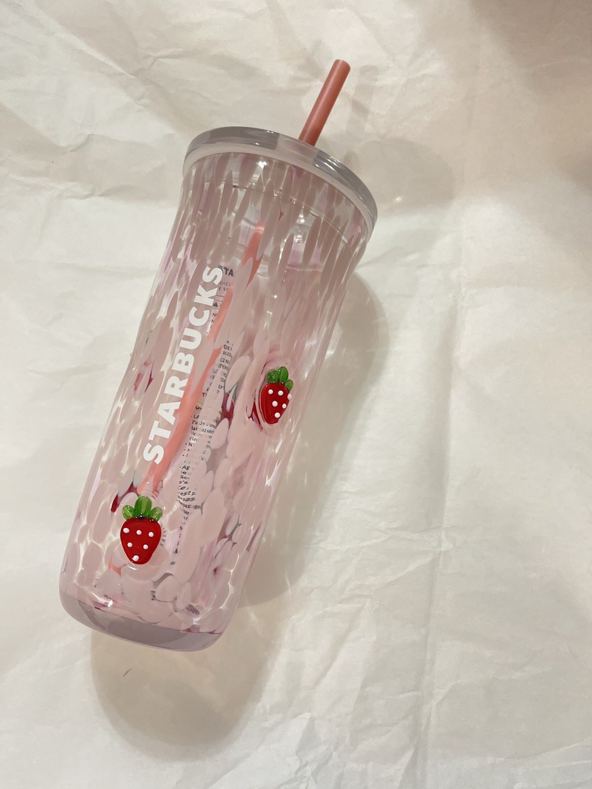 Starbucks LIMITED EDITION Pink Strawberry Print Glass Cup Tumbler w/ Lid & Straw
