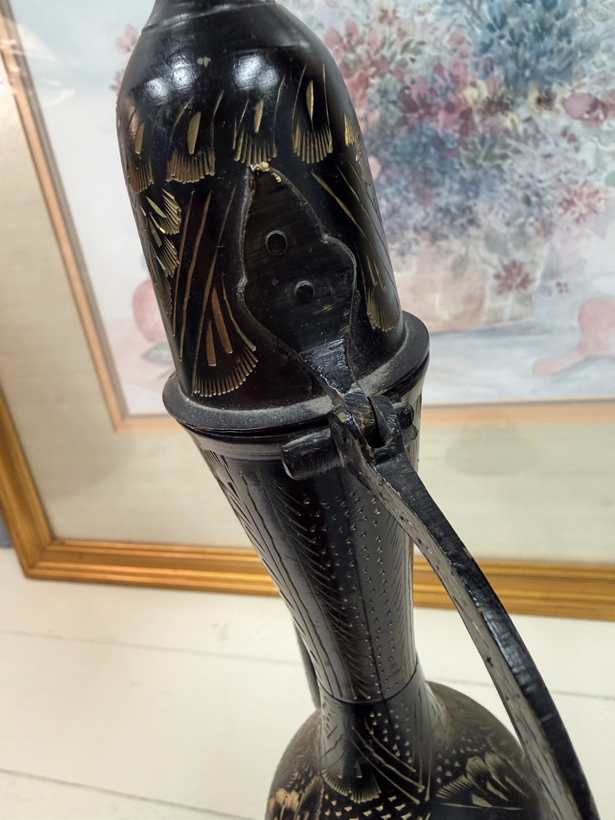 Black Metal Decorative Decanter Ewer w/Long Spout, Lid & Stopper Included 14.5”H