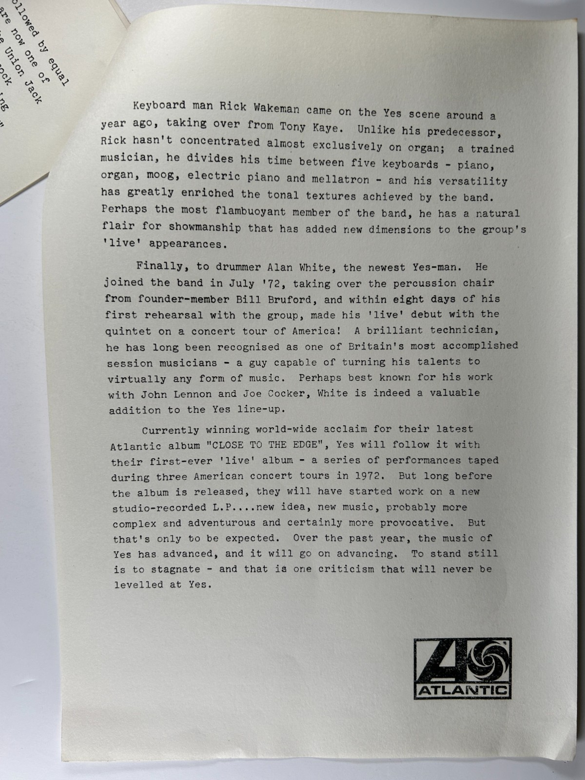 YES Original 1973 Atlantic Records Press Kit With Promo Photo Close To The Edge