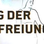 Auf dem Bild sieht man den Text "Tag der Befreiuung" und eine Frau, welche ein Hakenkreuz in die Mülltonne wirft.
